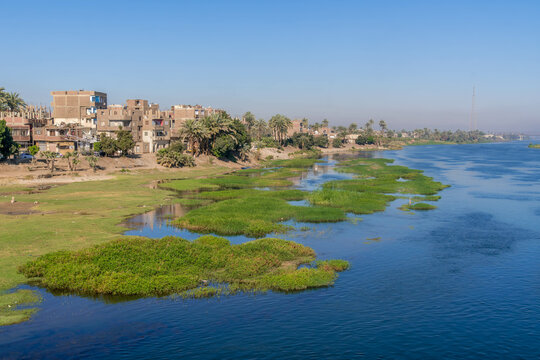 The Nile river coastline in Qena, Middle Egypt, with the poor residential areas and houses, wetlands, marsh, and palm trees along the shore.
