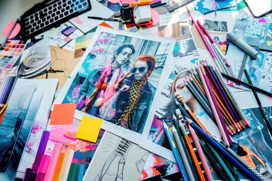 Creative fashion design flat lay, pastel sketches and mood boards, top view, designers desk, white background, ample copy space
