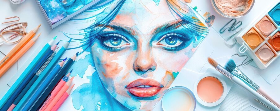 Creative fashion design flat lay with colorful pastel sketches and mood boards, designers desk, top view, white background, room for text