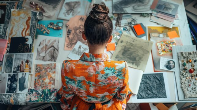 Creative process of a fashion designer, top view of pastel sketches and mood boards, flat design, isolated white background, room for text - Powered by Adobe