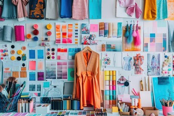 Top view of a fashion designers workspace with pastelcolored sketches, mood boards, flat design, isolated on white background, ample copy space