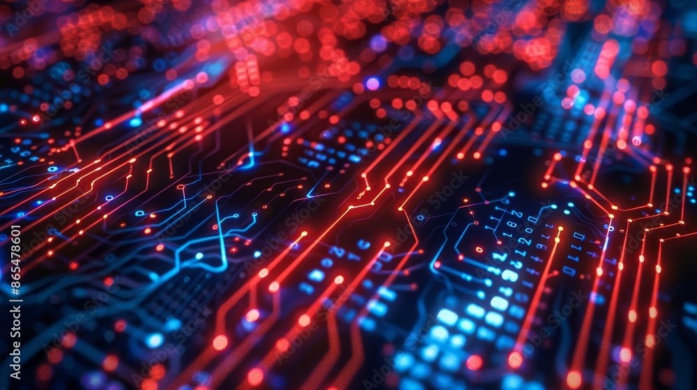 Aufkleber abstract digital circuitry with glowing red and blue lines - a close-up, abstract image of a circuit