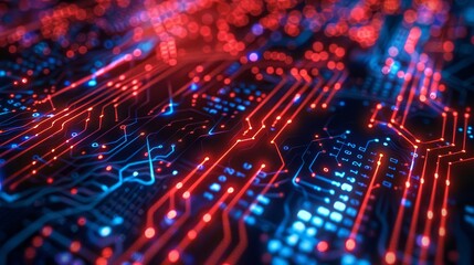 Fototapeta premium Abstract Digital Circuitry with Glowing Red and Blue Lines - A close-up, abstract image of a circuit board with glowing red and blue lines and a blurry background.