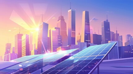 Solar panels  solar energy  city skyscrapers background