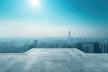 Fototapeta premium a view of a city from a rooftop with a sun shining on it