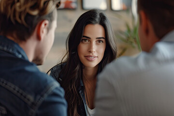 Fototapeta premium Woman smiling while doing a meeting