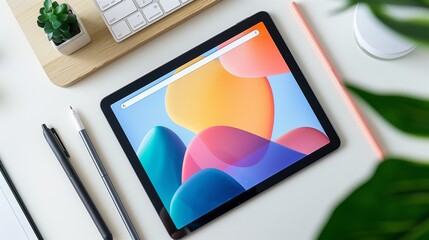 Back-to-school essentials, including a tablet and stylus, on a minimalist workspace, ready for digital learning