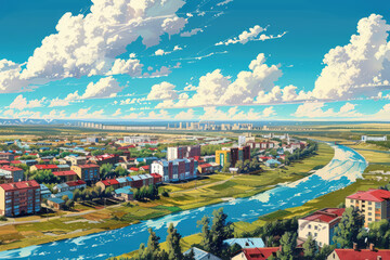 Obraz premium a painting of a city with a river and clouds in the sky