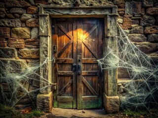 Eerie antique photograph featuring a haunted creepy wooden door with broken glass and worn-out stone walls, surrounded by dark mist and spider webs.