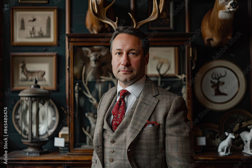 Poster a man in a suit stands in front of a wall with antlers.