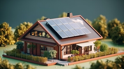 House with solar panels on the roof. Sustainable and clean energy at home.
