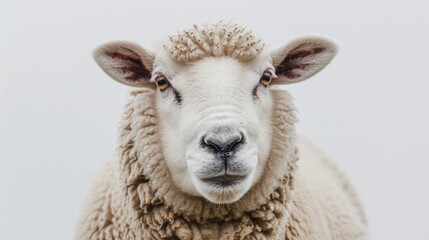 Fototapeta premium A white sheep chewing while facing the camera on a plain white background