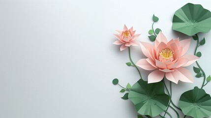  lotus flower paper cut style on a white background with copy space area with lotus flowers, leaves and vines