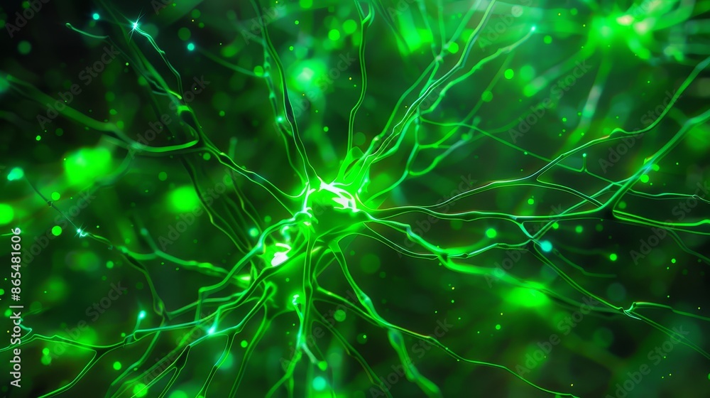 Poster abstract green neural network illustration - a digital representation of a neural network with glowi