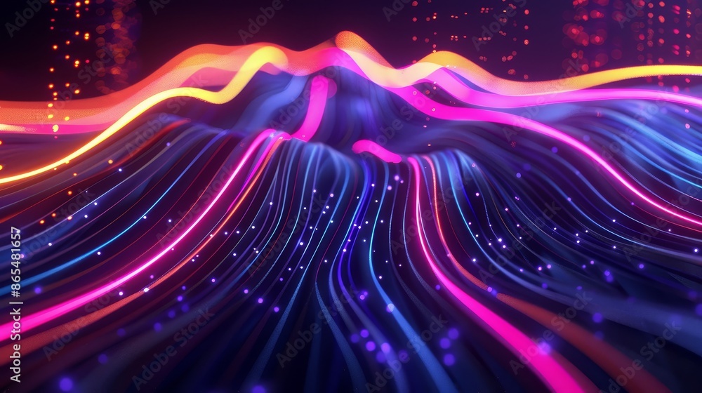 Poster abstract neon lines and glowing particles - a dark background with colorful glowing lines forming a 