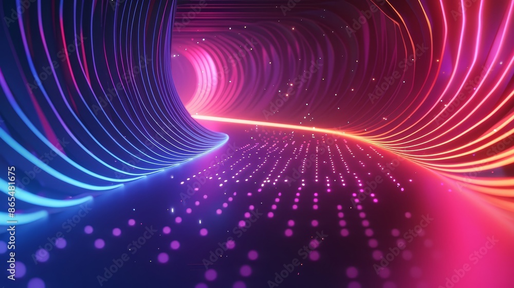 Poster abstract neon tunnel with glowing lines and lights - an abstract 3d render of a tunnel formed by glo