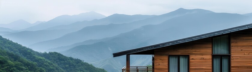 Fototapeta premium Serene mountain view from a cabin, relax, majestic and calming vista