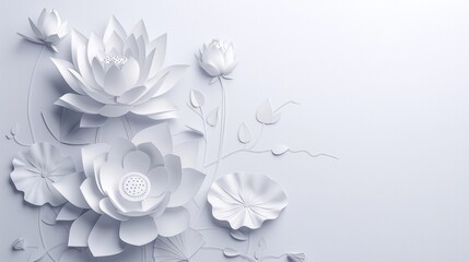  lotus flower paper cut style on a white background with copy space area with lotus flowers, leaves and vines
