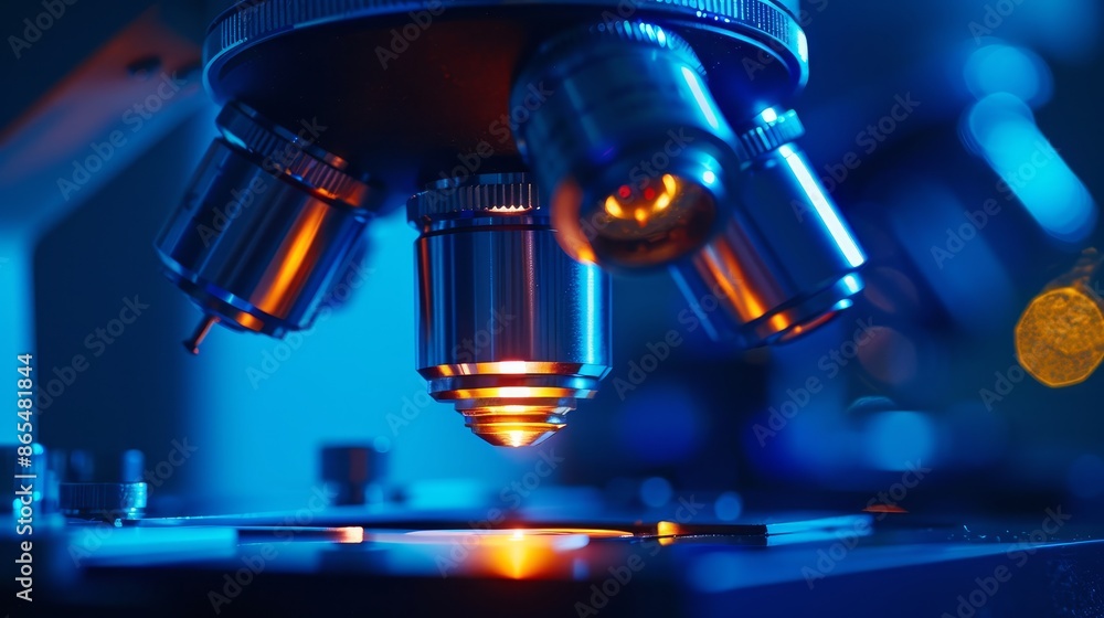 Poster close-up of a microscope lens in a laboratory - a close-up shot of a microscope lens with a bright o