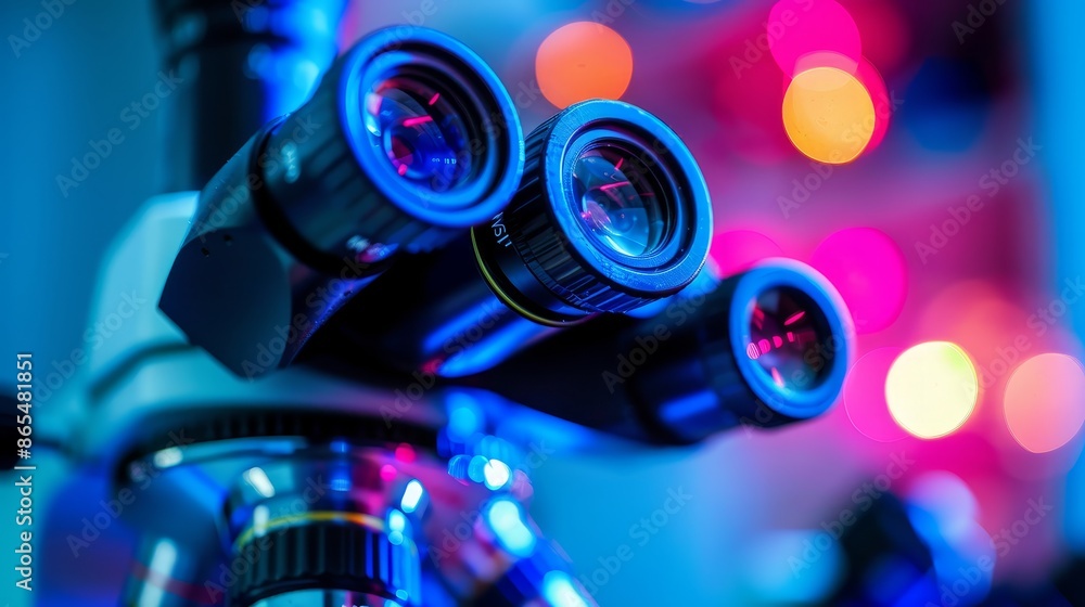 Poster close-up of a microscope with colorful bokeh background - the lens of a microscope are in focus agai