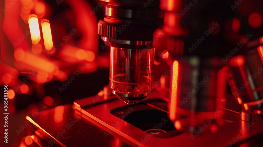Poster close-up of a microscope lens with red lighting - a close-up view of a microscope lens illuminated b
