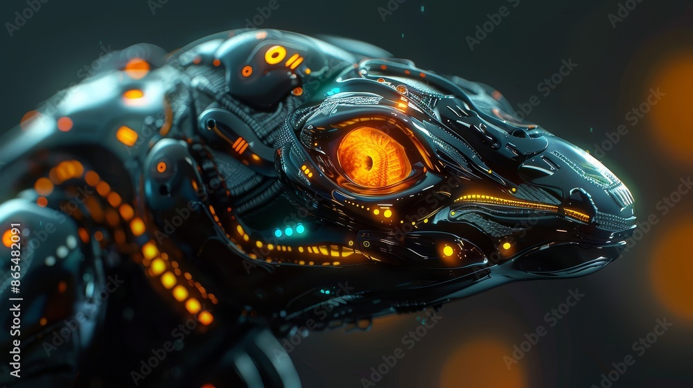 Poster cybernetic lizard with glowing orange eye - a 3d rendering of a futuristic lizard with a glowing ora
