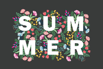 Hello summer background decorated with hibiscus flowers and tropical leaves on light green abstract background. Template for fashion ads, horizontal poster and social media
