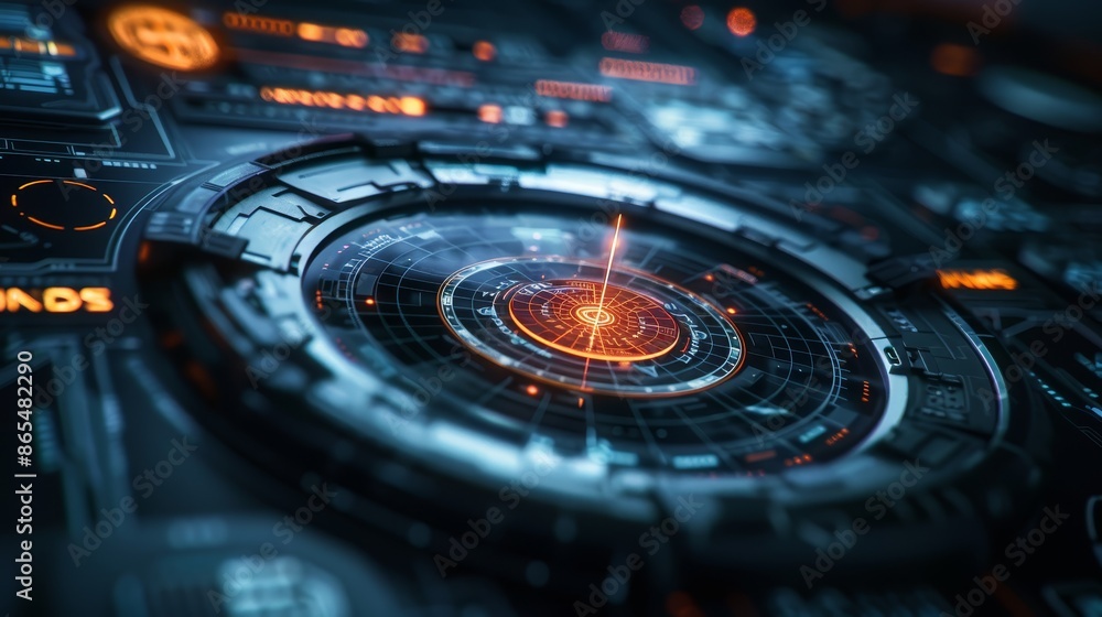 Poster futuristic interface with glowing orange and blue - a close-up of a futuristic interface with a glow
