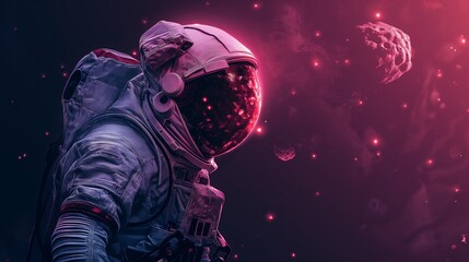 A mesmerizing scene of a lone astronaut surrounded by a nebula of pink and purple hues, reflecting a cosmic mystery in the helmet’s visor.