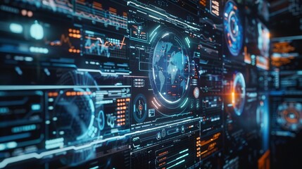 Futuristic Digital Interface with World Map - A digital interface with various displays and a prominent world map at the center. The display has glowing orange and blue lights