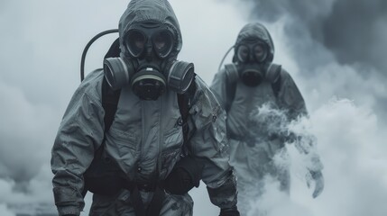 Two men in hazmat suits are walking through a cloud of smoke. The scene is dark and ominous, with the smoke creating an eerie atmosphere. The men are wearing gas masks