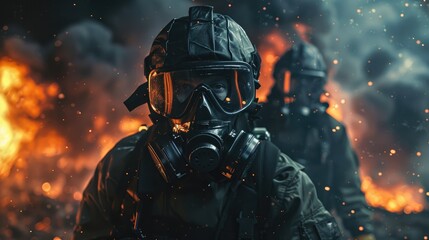 A man in a gas mask is standing in front of a fire. The fire is in the background and the man is the main focus of the image