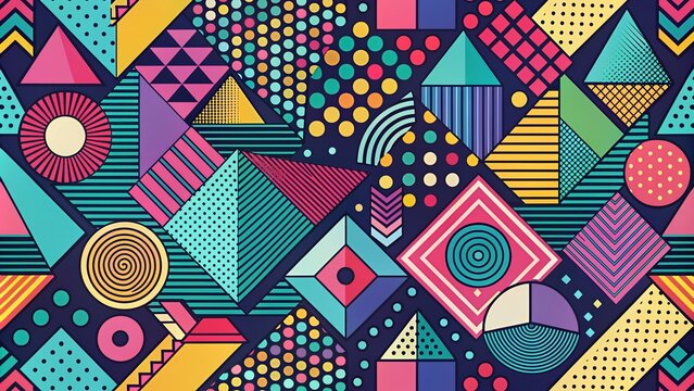 Vibrant retro-inspired illustration featuring multicolored geometric shapes, abstract patterns, and bold lines, evoking a nostalgic 80s vibe with a dash of Memphis flair.
