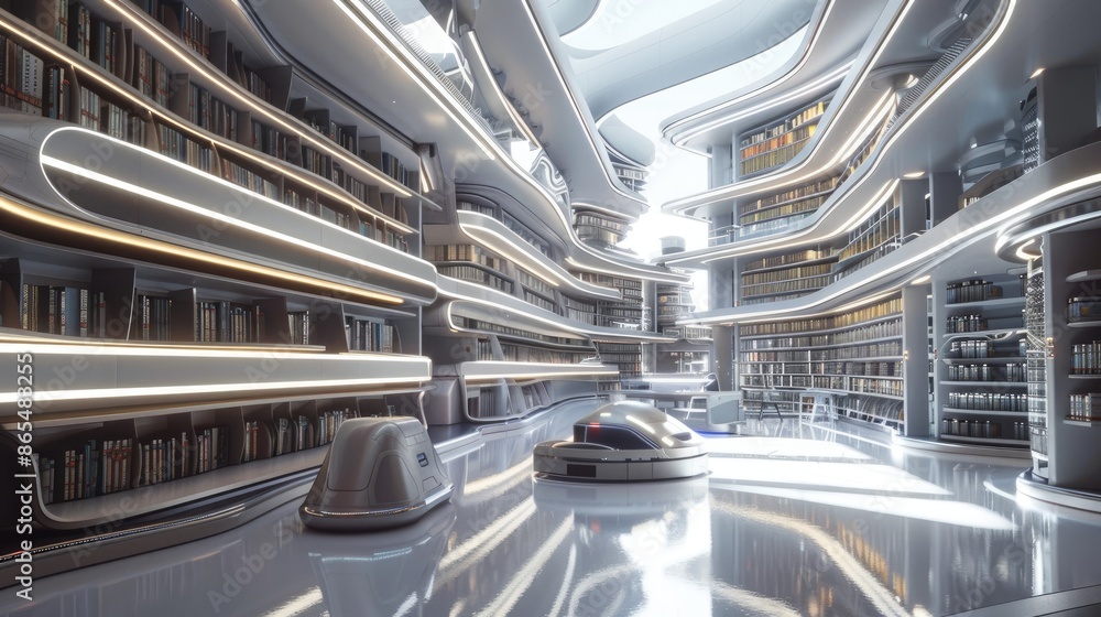 Poster futuristic library with a robot in the middle. the robot is surrounded by bookshelves and the librar