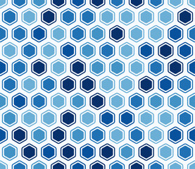 Honeycomb hexagons background. Bold rounded hexagons mosaic cells with padding and inner solid cells. Blue color tones. Hexagonal shapes. Seamless pattern. Tileable vector illustration.