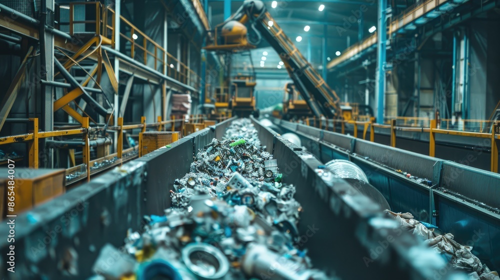 Poster automated recycling facility, robots sorting waste accurately.
