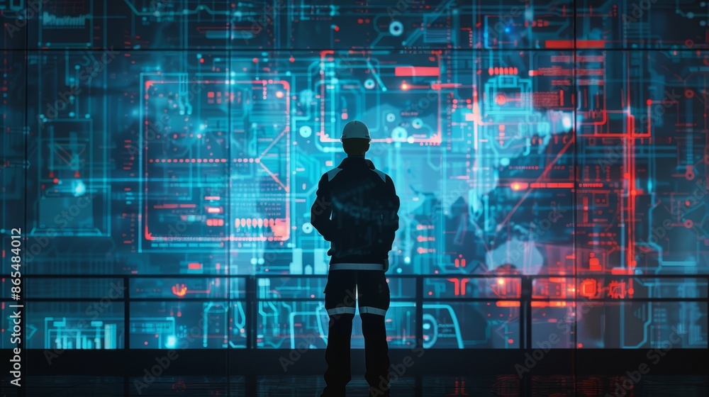 Poster silhouetted figure before a wall of digital data - a lone worker in a hard hat stands in front of a 
