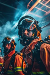 Portrait of a Japanese firefighter team performing a mock rescue at a fire station, high quality photo, photorealistic, energetic atmosphere, studio lighting