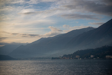 Lake Como in the mountains at sunset