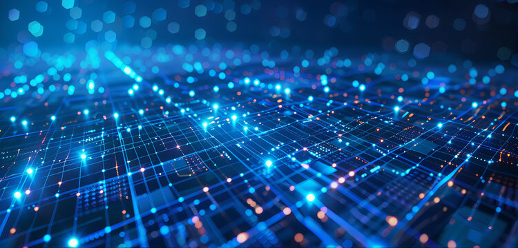 Fundo abstrato com linhas e quadrados digitais hologr&aacute;ficos brilhantes em um fundo azul escuro. Conceito de tecnologia digital, transfer&ecirc;ncia de dados de conex&atilde;o de rede de internet no estilo ia