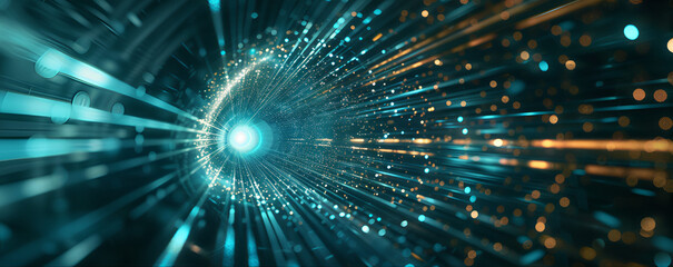 Fundo futurista abstrato com feixes de luz e linhas de velocidade em um fundo azul escuro, representando um conceito de transferência de dados.