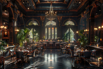 Obraz premium Luxurious richly decorated restaurant interior in dark