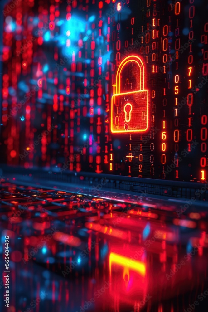 Poster laptop with a screen lock featuring a digital padlock and binary code background, emphasizing cybers