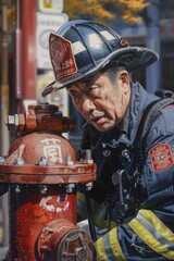 Fototapeta premium Portrait of a Japanese firefighter inspecting a fire hydrant in a public area, high detail, photorealistic, focused expression, well-lit setting
