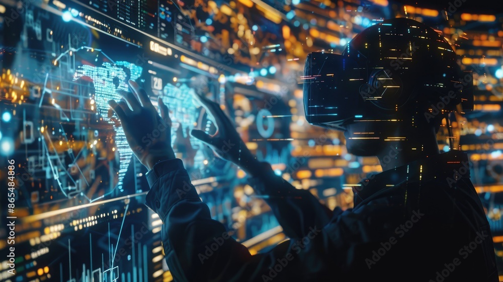 Poster a man is wearing a virtual reality headset and is touching a screen. concept of immersion and excite