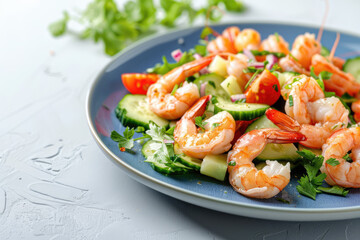 delicious shrimp salad on blue plate