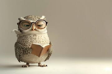 Whimsical owl wearing glasses, reading a book. A perfect blend of knowledge and charm, this image embodies wisdom with a hint of humor.