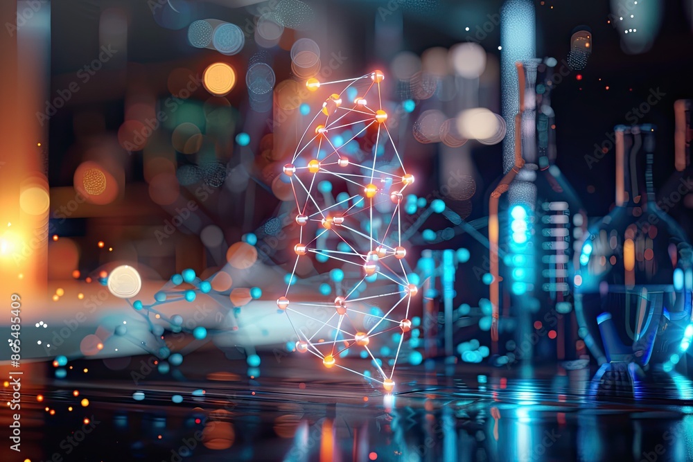 Poster abstract digital network structure with vibrant lights and blurred laboratory equipment background. 