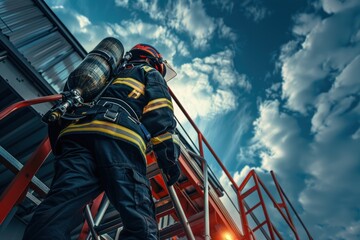 Portrait of a Japanese firefighter conducting a ladder drill at a fire station, high detail, photorealistic, energetic atmosphere, well-lit setting