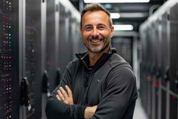Obraz premium IT company owner in sport jacket with a confident smile standing in front of servers,